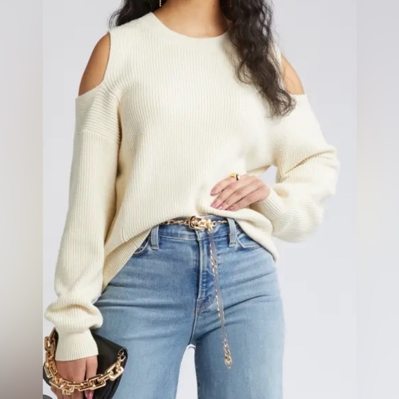 Open Edit Cold Shoulder Ribbed sweater Size M in Cream NWT - Picture 1 of 8